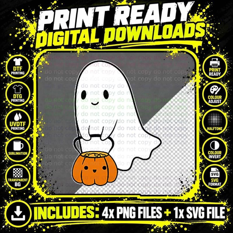Cute Spooky Ghost Pumpkin Bucket Candy Halloween Pocket Png SVG Digital Bundle