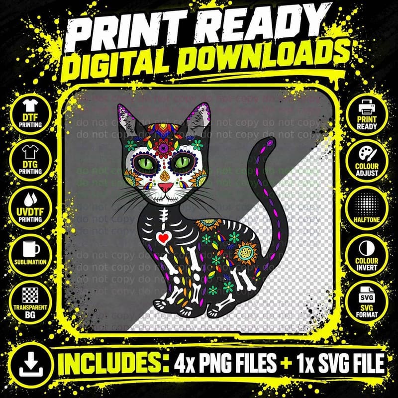 Cute Sugar Skull Mexican Cat Halloween Day of the Dead Png SVG Digital Bundle