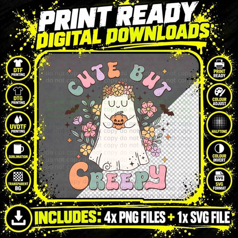 Cute but Creepy Retro Groovy Halloween Funny Spooky Png SVG Digital Bundle