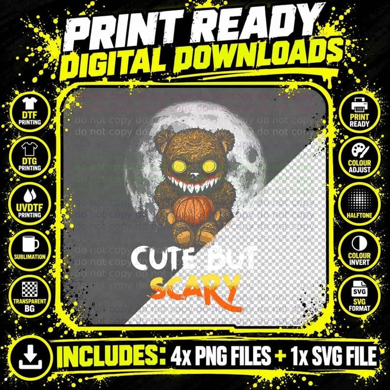 Cute but Scary Horror Zombie Teddy Bear Full Moon Png SVG Digital Bundle