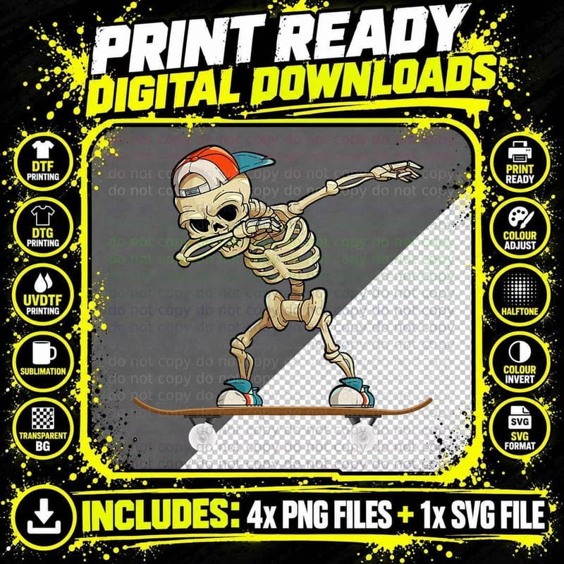Dabbing Skeleton Skater T-Shirt Png SVG Digital Bundle
