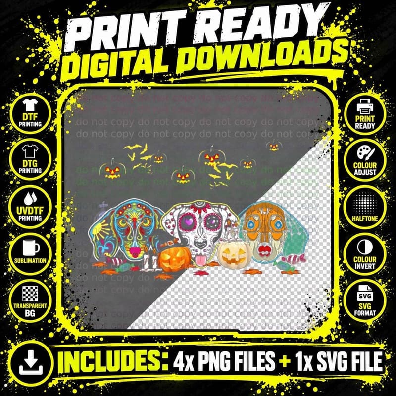 Dachshund Dogs Sugar Skulls Halloween Pumpkin T-Shirt Png SVG Digital Bundle