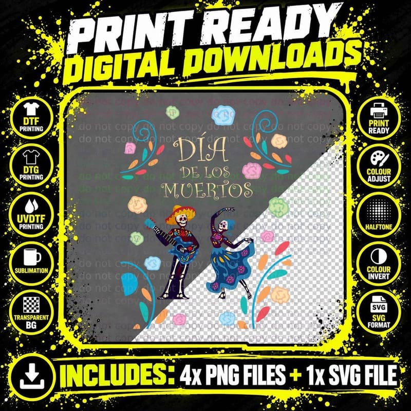Dancing Skeleton Guitar Dia De Los Muertos Calavera Day Png SVG Digital Bundle