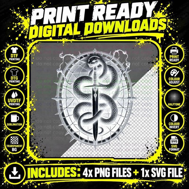 Dark Goth Coiled Snake and Sword with Skull Hilt Horror Png SVG Digital Bundle