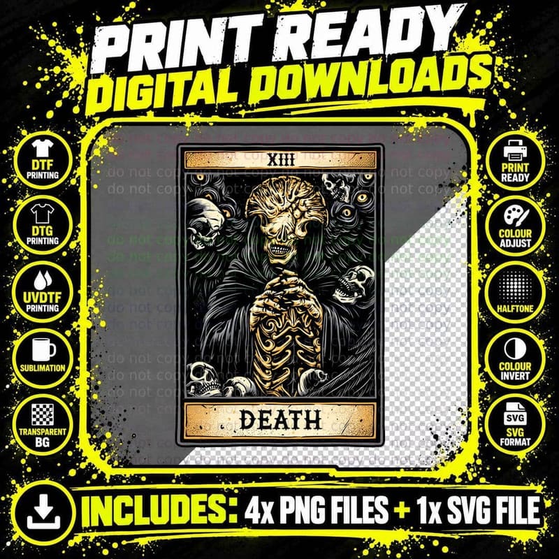 Dark Gothic Death Tarot Card Skeleton Occult Horror Png SVG Digital Bundle