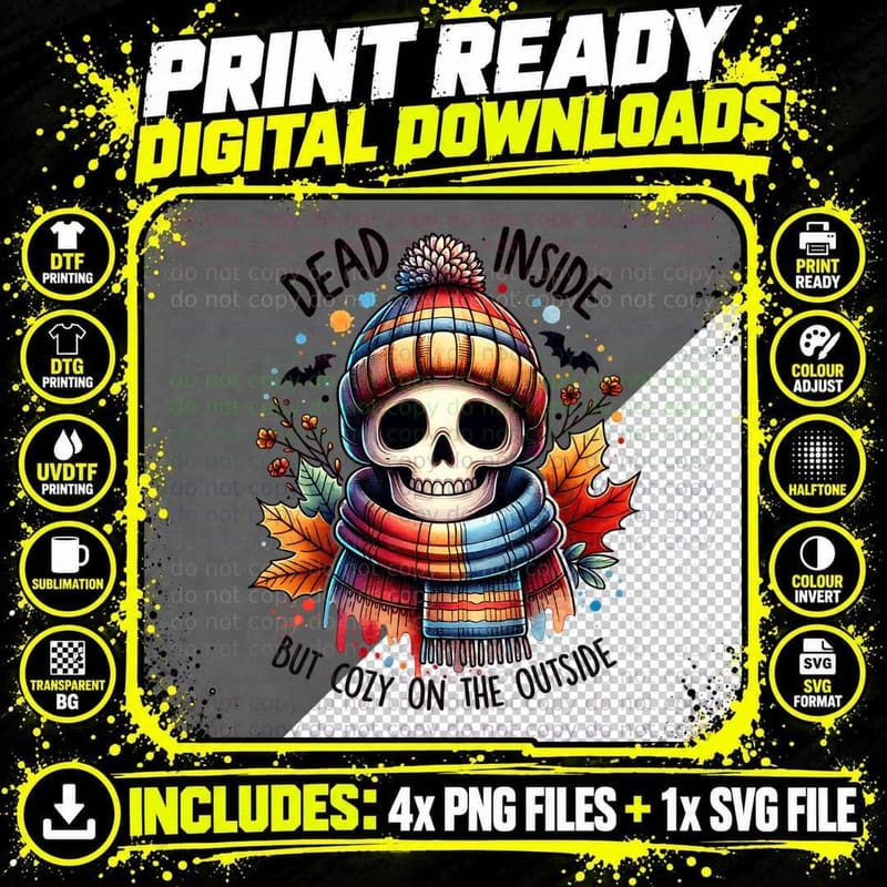 Dead Inside but Cozy on the Outside Skeleton Halloween Png SVG Digital Bundle