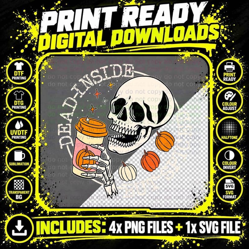 Dead Inside but Spiced Pumpkin Skull Drinking Fall Png SVG Digital Bundle