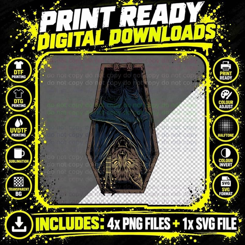 Death Metal Vampire Bat Cat Guitar Graphic Gift T-Shirt Png SVG Digital Bundle
