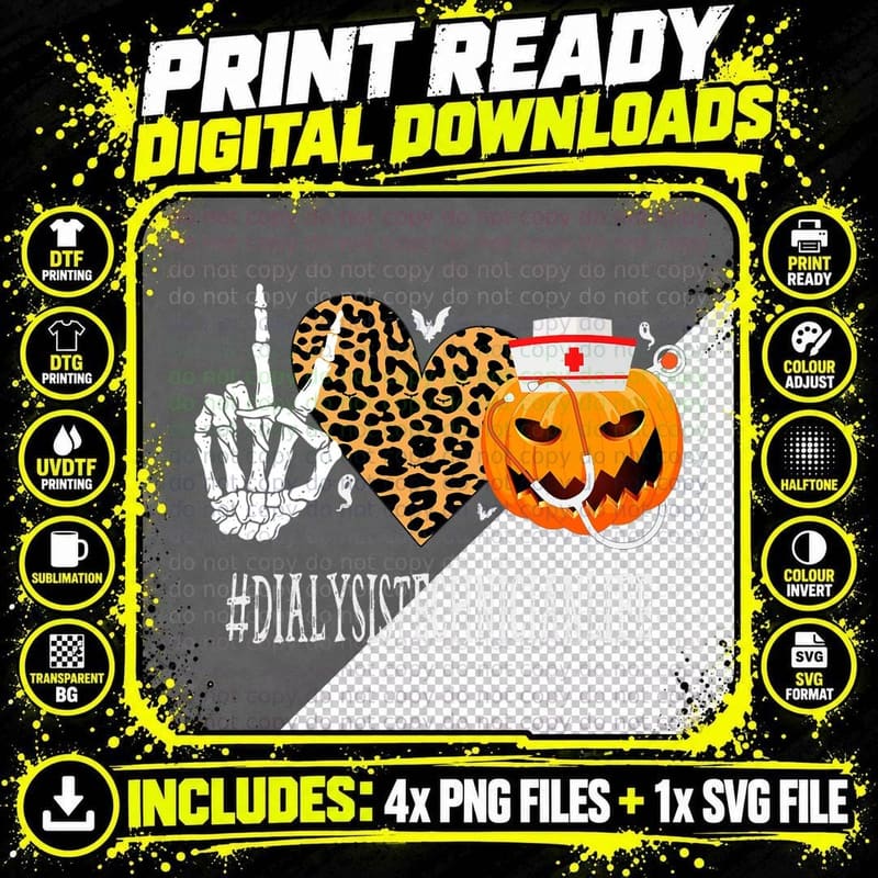Dialysis Technician Peace Love Pumpkin Funny Halloween Png SVG Digital Bundle