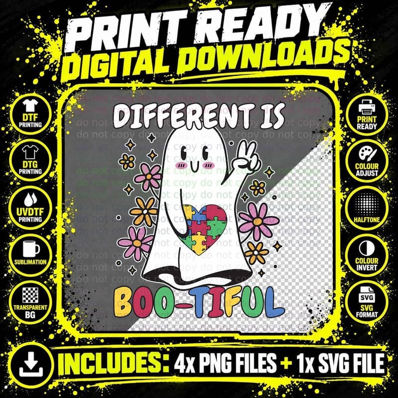 Different Is Boo-Tiful Autism Awareness Halloween Png SVG Digital Bundle