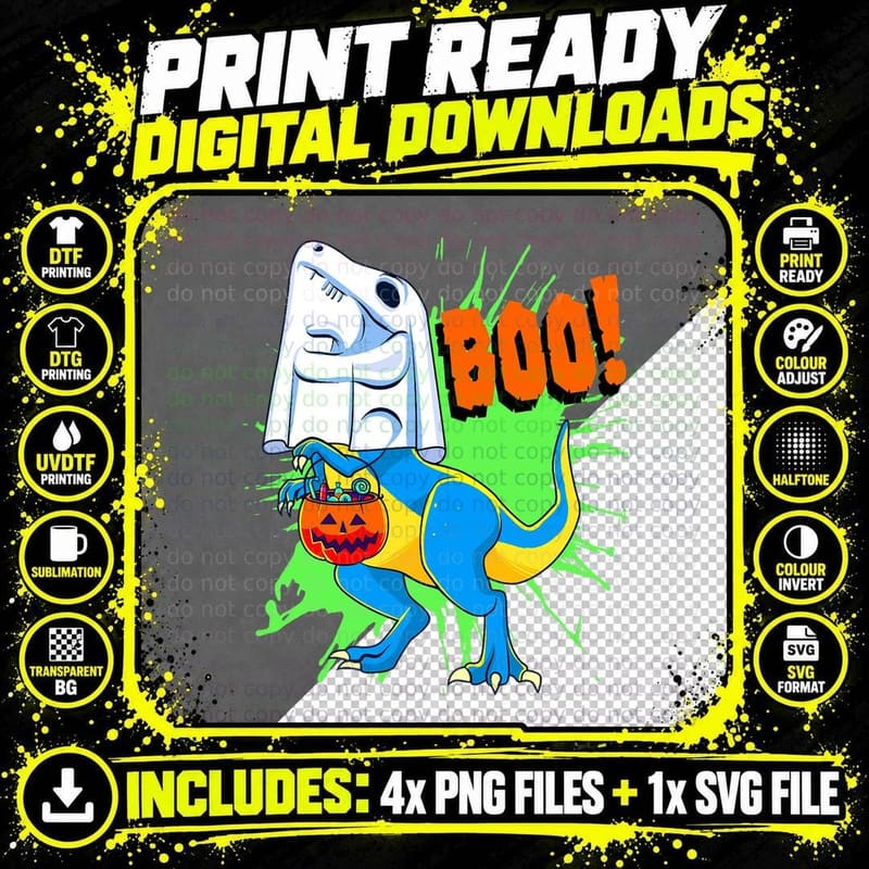Dinosaur Halloween Funny T Rex Ghost Pumpkin Boo Trex Png SVG Digital Bundle