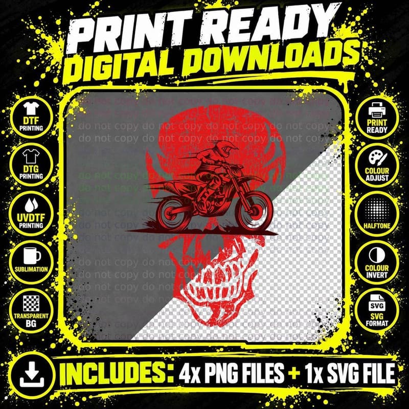 Dirt Bike Motocross Skull - Men's Biker Halloween Png SVG Digital Bundle