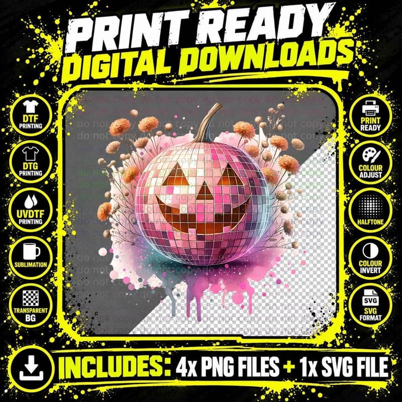 Disco Pink Pumpkin Halloween, Horror, Goth T-Shirt Png SVG Digital Bundle