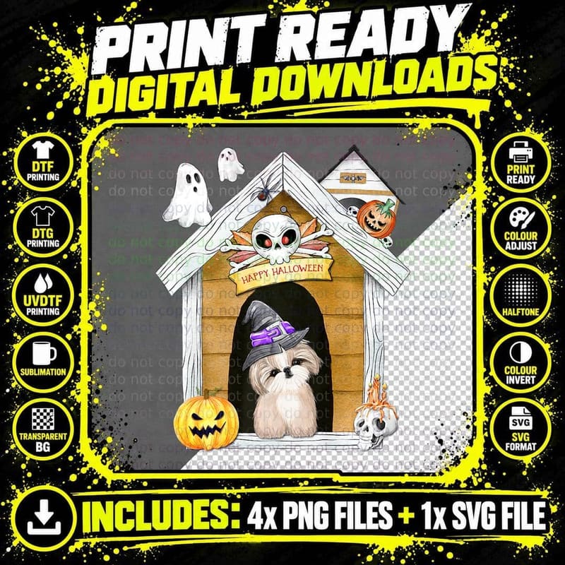 F0. NEW Batcheshalloweenhalloween-005Halloween Shih Tzu Png SVG Digital Bundle