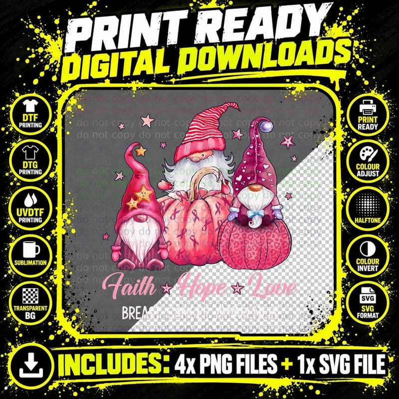 Faith Love Hope Pink Gnome Pumpkin Breast Cancer Png SVG Digital Bundle