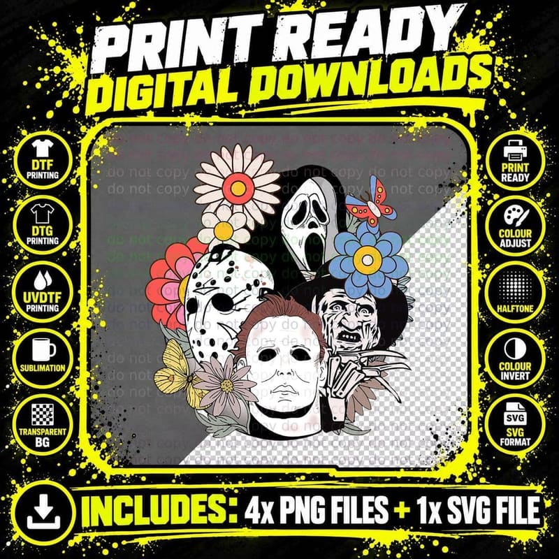 Floral Horror Characters Halloween Png SVG Digital Bundle