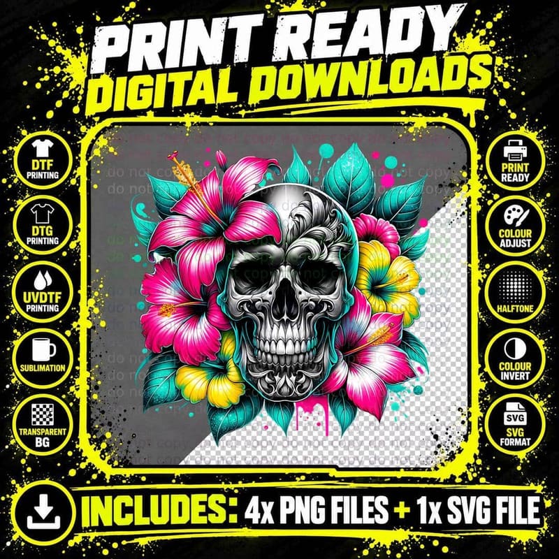 Floral Skull Pinks and Yellows Halloween Goth, Warm Cozy Png SVG Digital Bundle