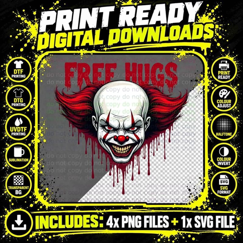 Free Hugs Clown, Scary Creepy Face, Horror T-Shirt Png SVG Digital Bundle