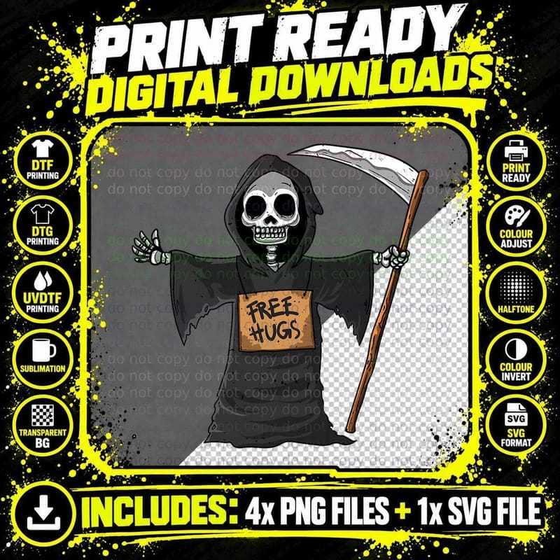 Free Hugs Grim Reaper Halloween Party Cosplay Lazy Png SVG Digital Bundle