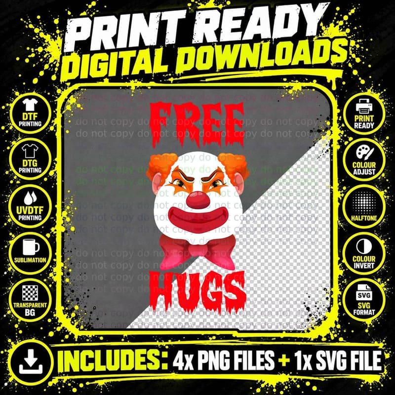 Free a Hugs Halloween Clown Horror Evil Killers T-Shirt Png SVG Digital Bundle