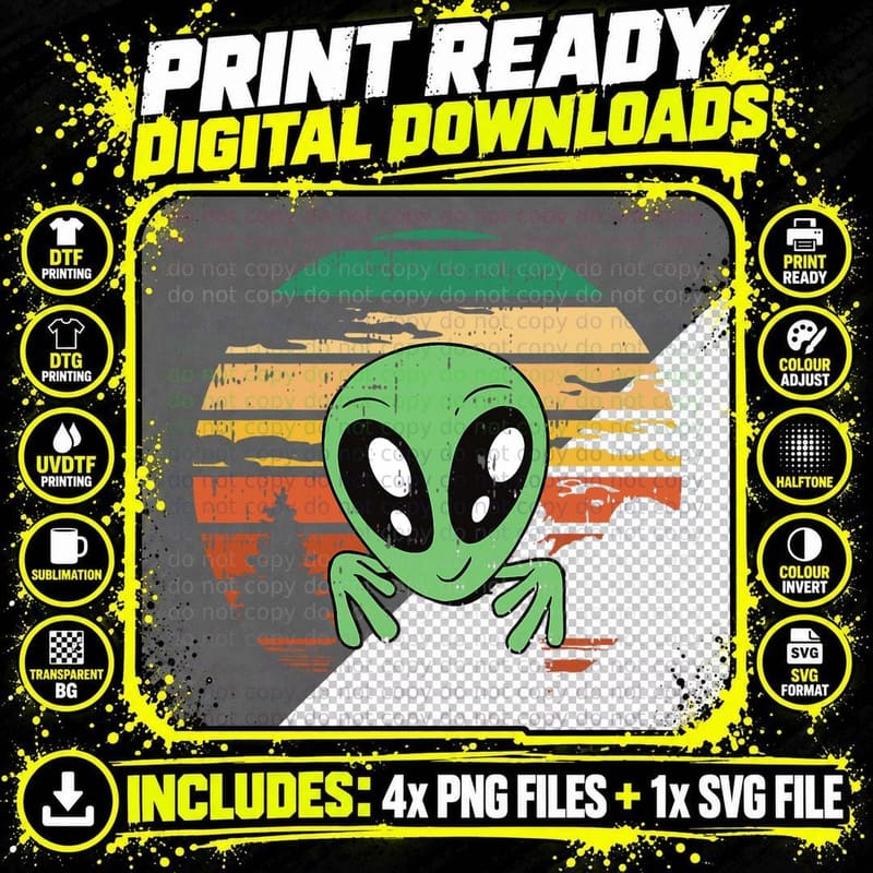 Funny Alien Halloween Costume Retro UFO Men Women Kids Png SVG Digital Bundle