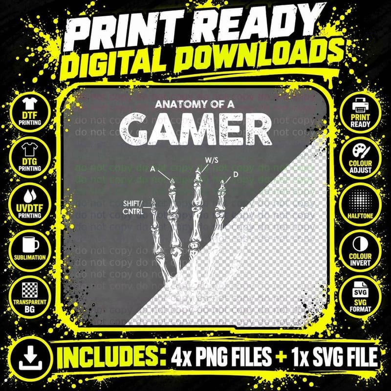 Funny Anatomy of Gamer Skeleton Hand Gaming Gamer T-Shirt Png SVG Digital Bundle