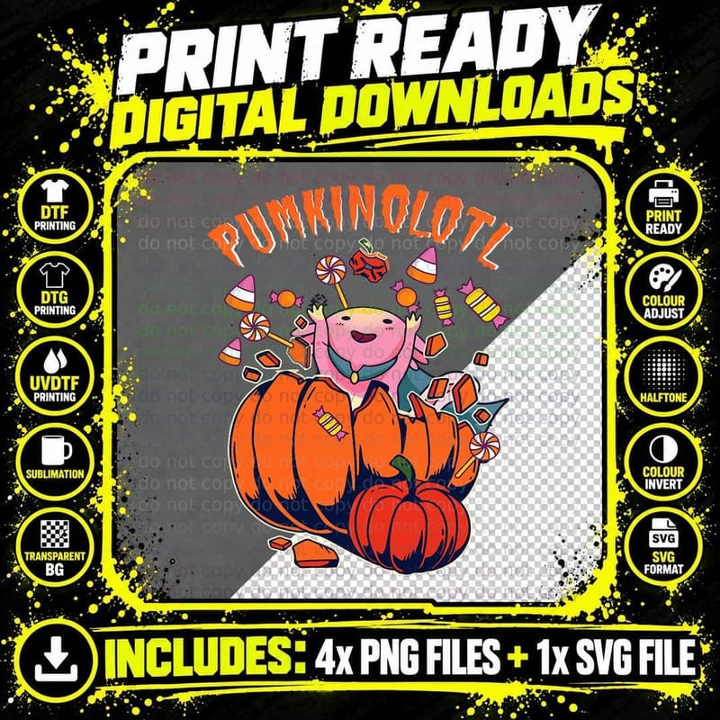 Funny Axolotl Pumpkinolotl Witch Halloween T-Shirt Png SVG Digital Bundle