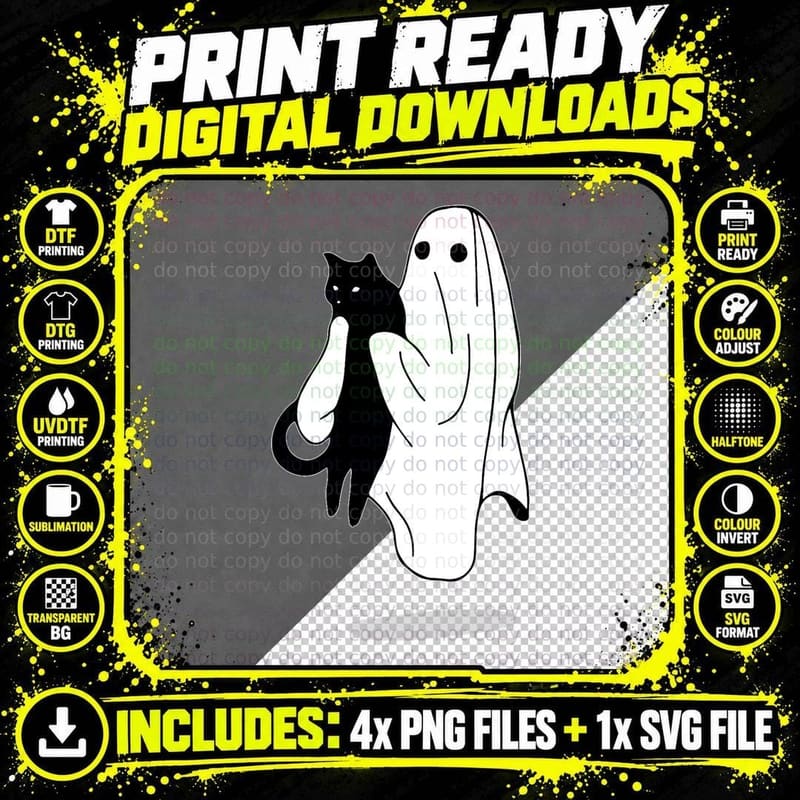 Funny Boo Ghost Holding Black Cat Halloween Spooky Png SVG Digital Bundle