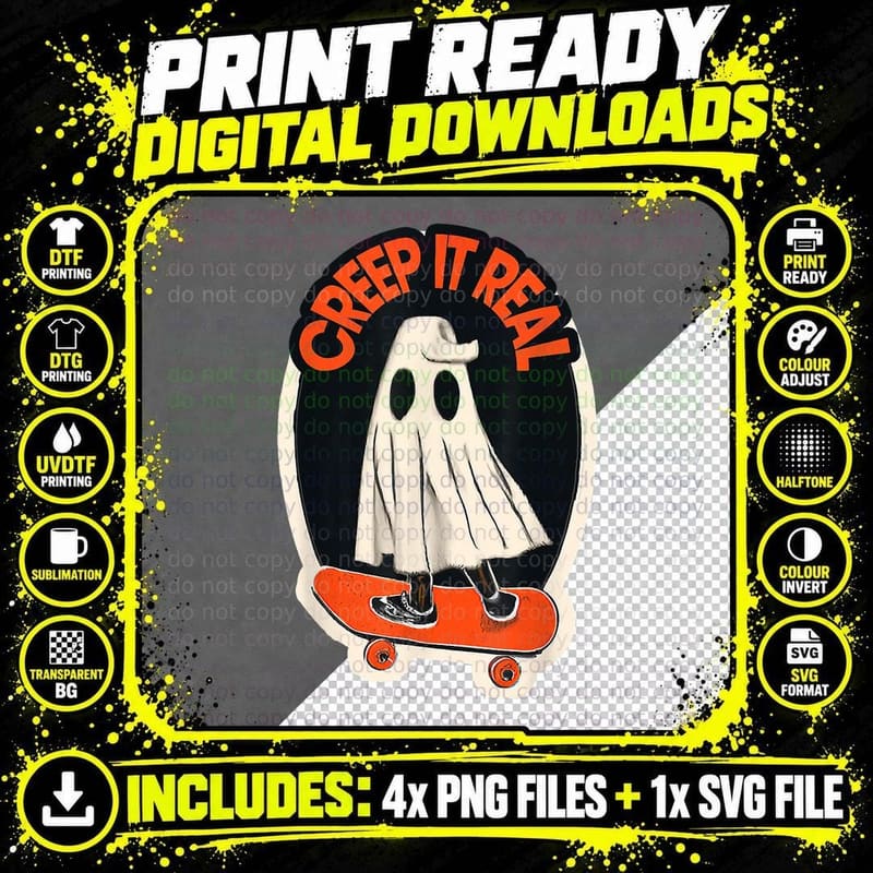 Funny Creep It Real Skateboarding Ghost Halloween Boo Png SVG Digital Bundle