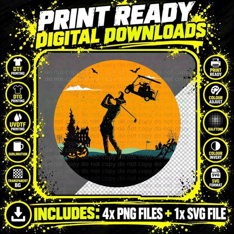 Funny Golf Silhouette Golfer Halloween Moon Costumes Png SVG Digital Bundle