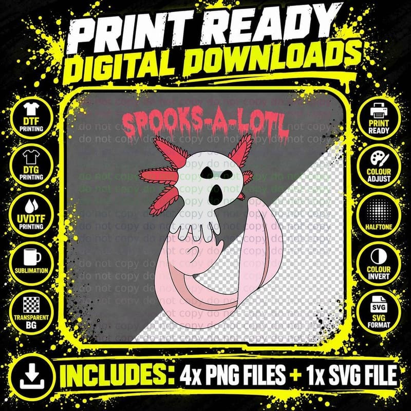 Funny Halloween Spooks-A-Lotl Pastel Kawaii Axolotl Png SVG Digital Bundle