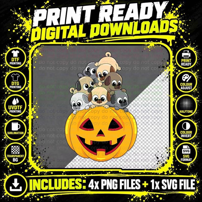 Funny Pugs in a Pumpkin Halloween Girls Boys T-Shirt Png SVG Digital Bundle