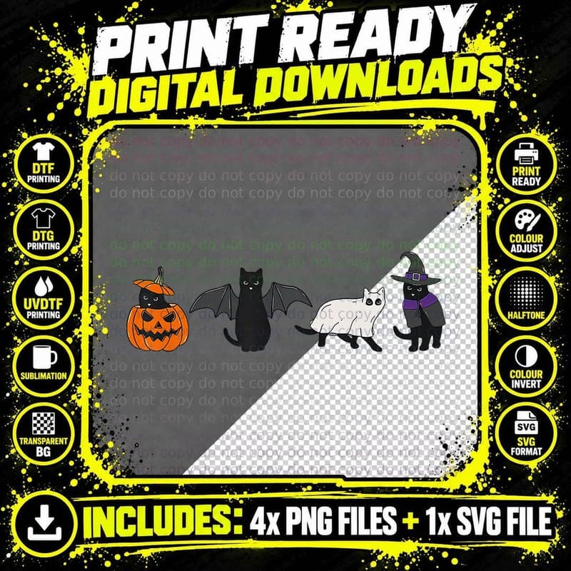Funny Pumpkin Cat Ghost Black Cat Halloween for Cat Png SVG Digital Bundle