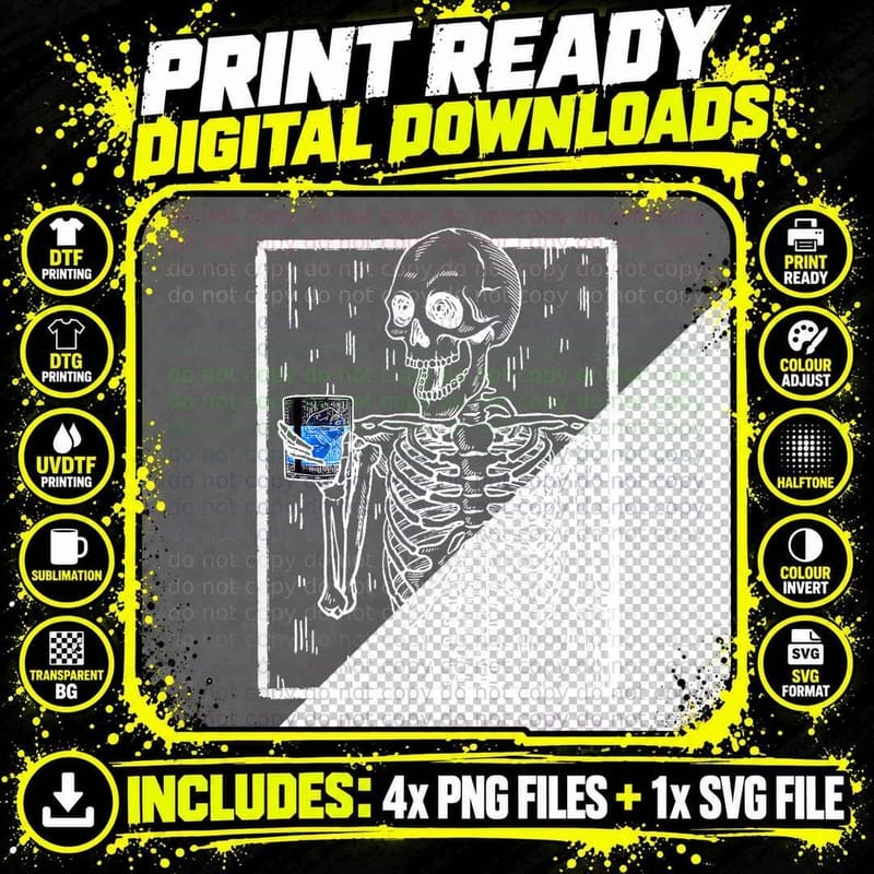 Funny Skeleton Drinking Bourbon Whiskey Halloween Png SVG Digital Bundle