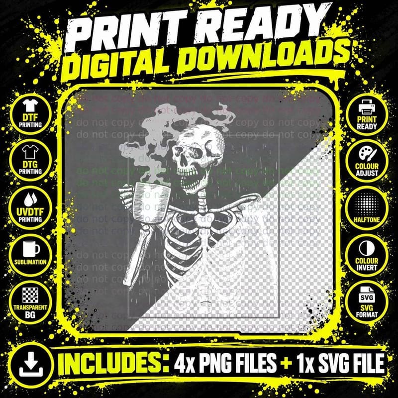 Funny Skeleton Drinking Coffee Caffeine Lover Coffee Png SVG Digital Bundle