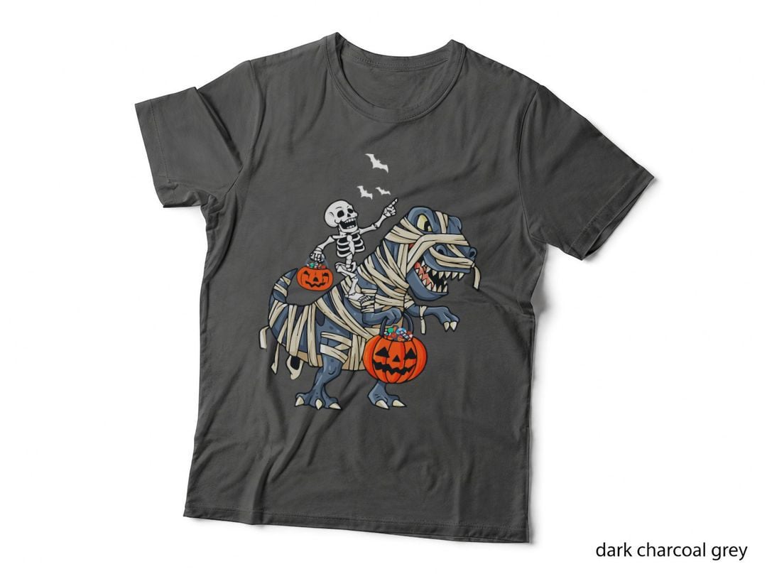 Funny Skeleton Riding Mummy Dinosaur T-Rex Halloween Pumpkin T-Shirt