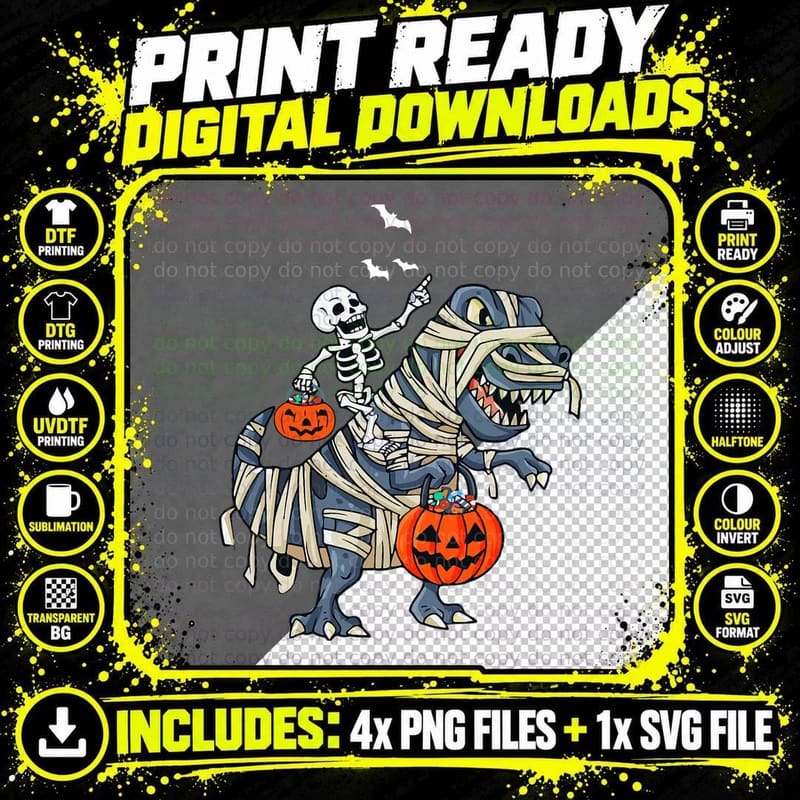 Funny Skeleton Riding Mummy Dinosaur T-Rex Halloween Png SVG Digital Bundle
