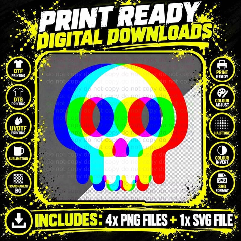 Funny Skull Trippy Vaporwave Halloween Techno Rave EDM Png SVG Digital Bundle