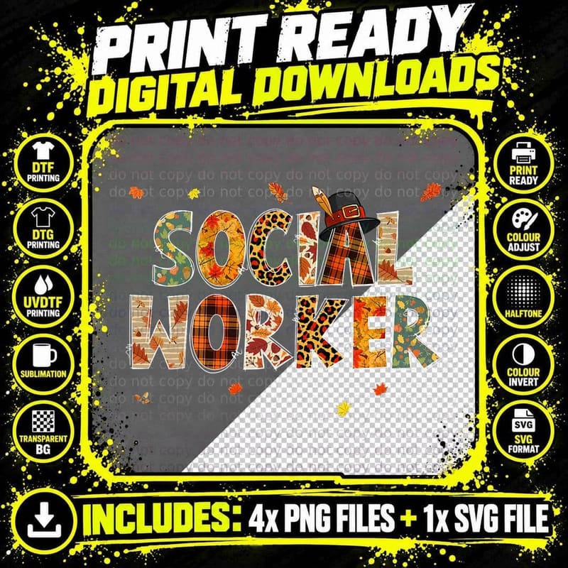 Funny Social Worker Pumpkin Autumn Tree Fall Leaves Png SVG Digital Bundle
