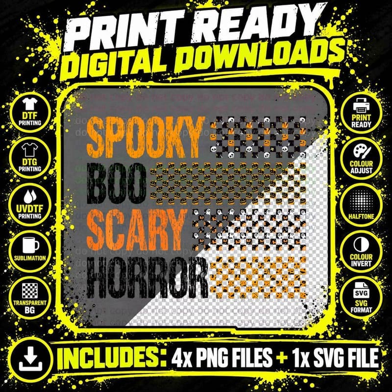 Funny Spooky Boo Scary Horror Funny Halloween Retro Png SVG Digital Bundle