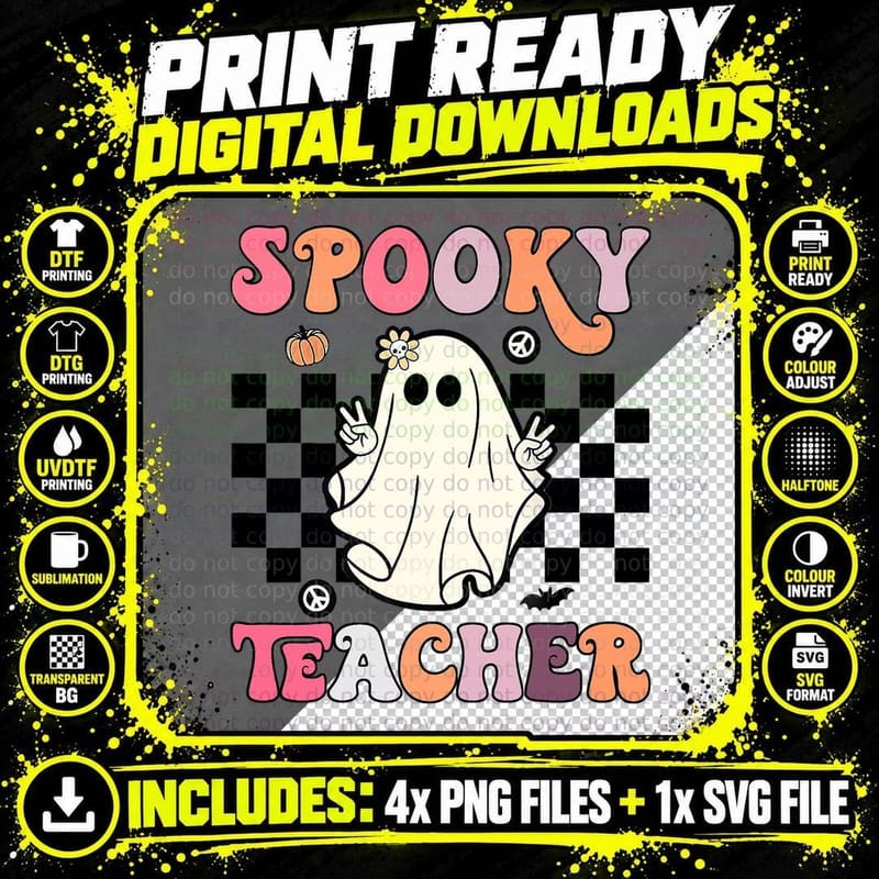 Funny Spooky Ghost Retro Spooky Teacher Halloween Png SVG Digital Bundle