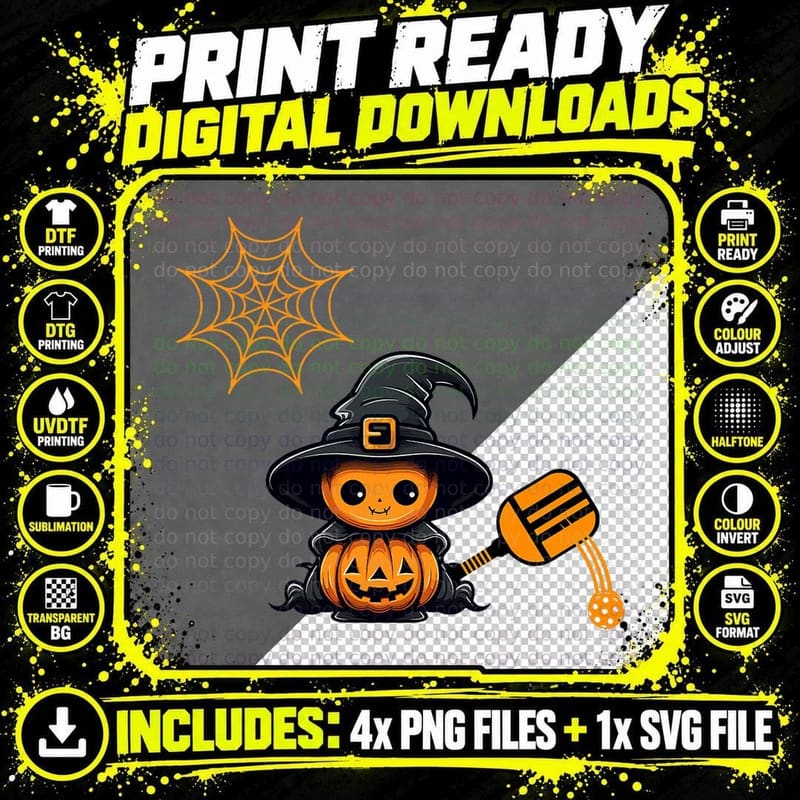 Funny Spooky Halloween Pumpkin Pickleball Witchwizard Png SVG Digital Bundle