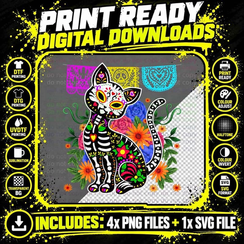 Funny Sugar Skull Calavera Cat Dia De Muertos Halloween Png SVG Digital Bundle