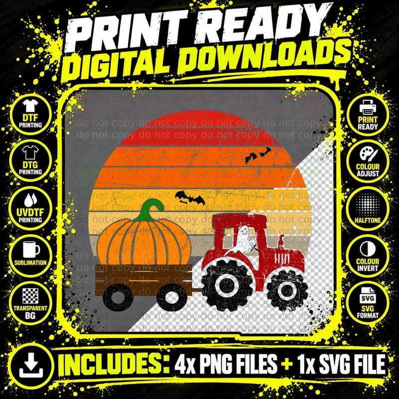Funny Tractor with Pumpkin Halloween Costume for Farmer Png SVG Digital Bundle