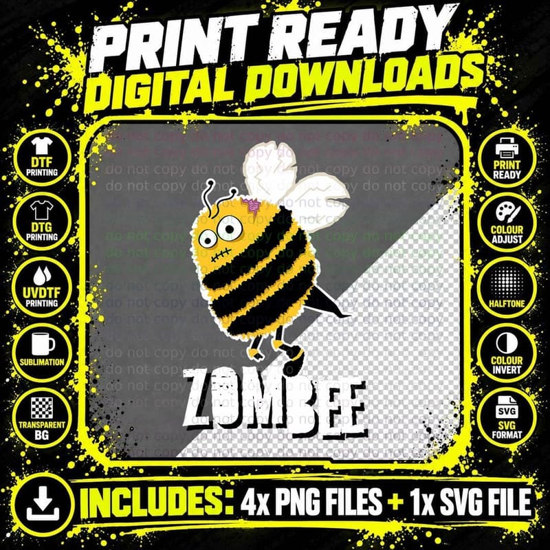 Funny Zombee Bee Zombie Halloween Bumblebee Brain Spooky Png SVG Digital Bundle