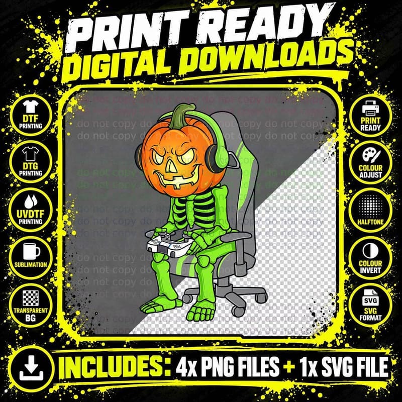 Gaming Halloween Skeleton Jack O Lantern Gamer Boys Kids Png SVG Digital Bundle