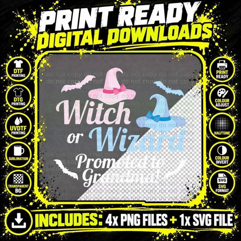 Gender Reveal Witch or Wizard Promoted to Grandma Shirt Png SVG Digital Bundle