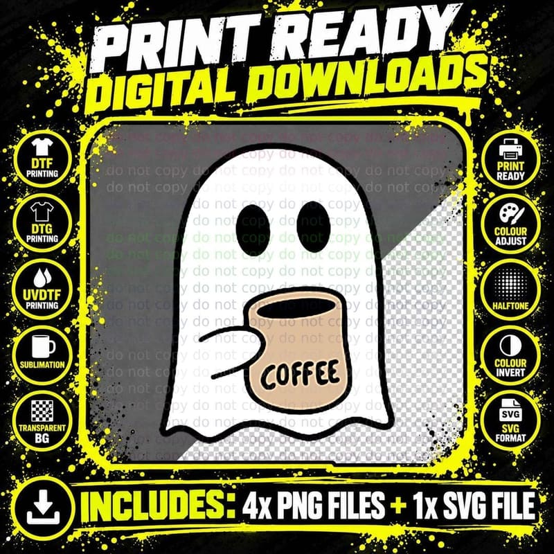 Ghost Coffee Lover T-Shirt, White Ghost Shape Beige Tee Png SVG Digital Bundle