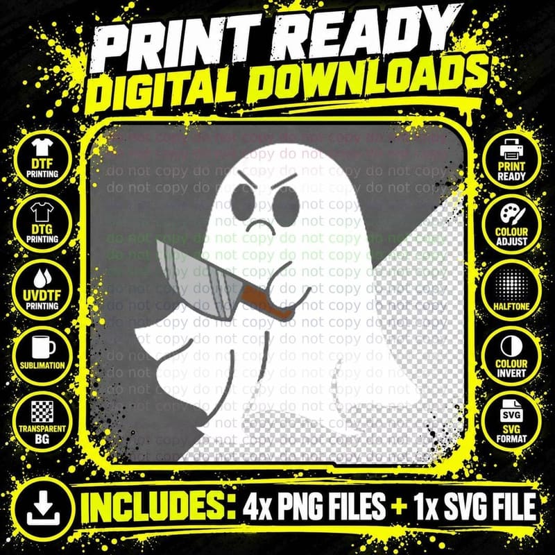Ghost Holding Knife Halloween Costume Funny Ghoul Spirit Png SVG Digital Bundle