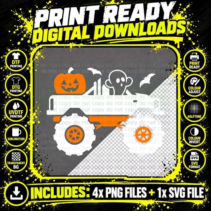 Ghost Pumpkin Riding Monster Truck Lazy Halloween Png SVG Digital Bundle